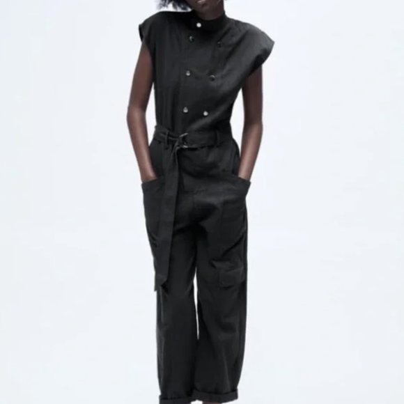 Zara Pants & Jumpsuits Zara Linen Blend Cargo Utility Jumpsuit